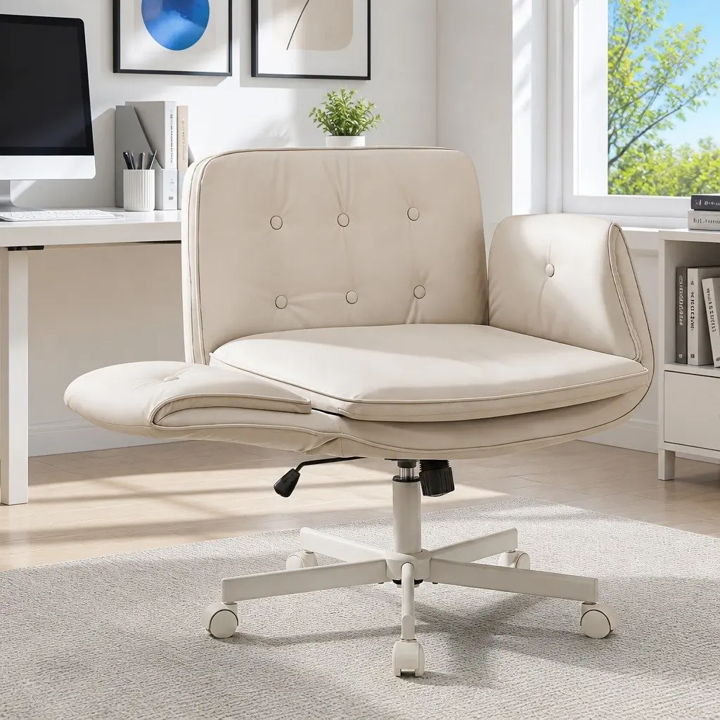 Criss Cross Office Chair Beige Adjustable Armrests Swivel Desk Chair PU Leather 72x72x80-90cm