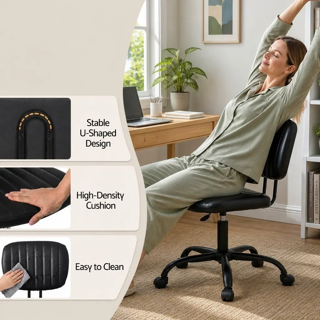 Armless Office Chair with Wheels Height Adjustable 360° Swivel Computer Task