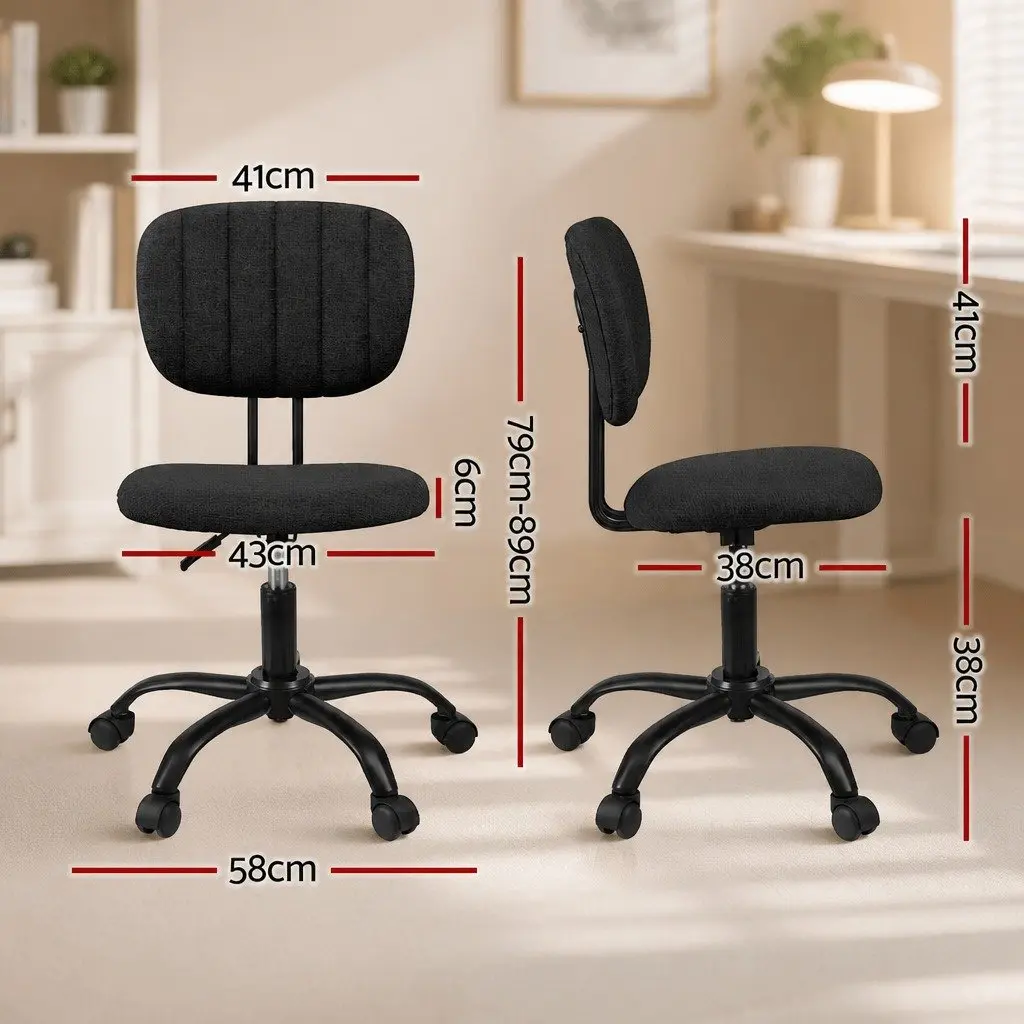Armless Office Chair Ergonomic Black Fabric 360° Swivel Height Adjustable Metal Frame