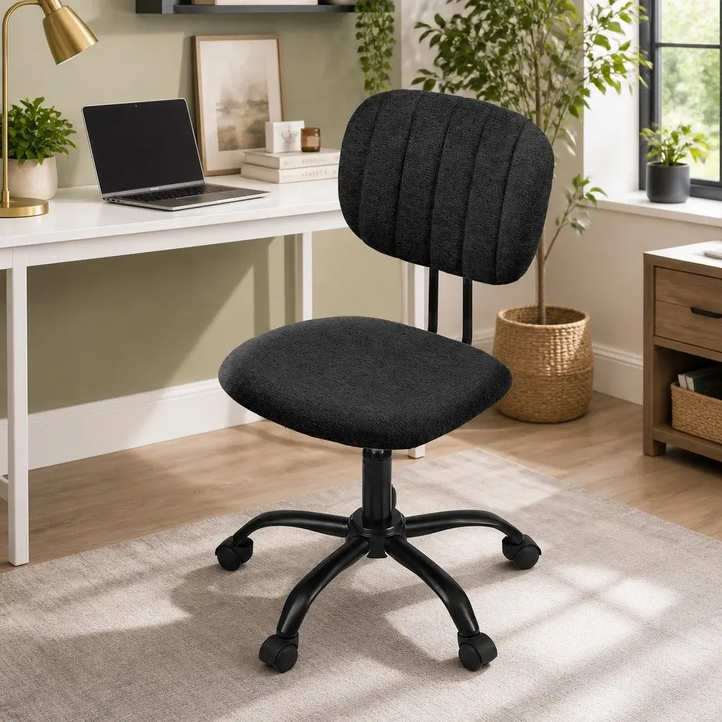Armless Office Chair Ergonomic Black Fabric 360° Swivel Height Adjustable Metal Frame