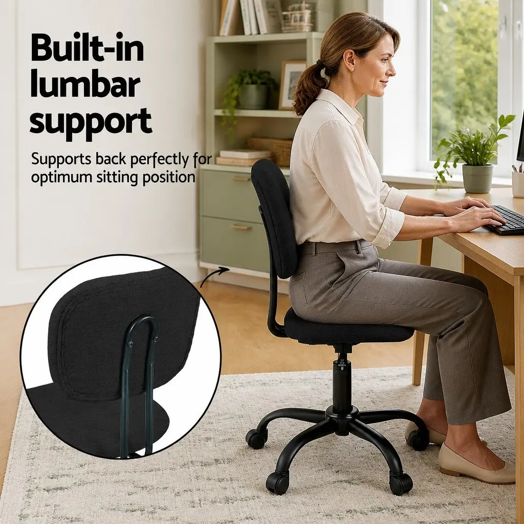 Armless Office Chair Ergonomic Black Fabric 360° Swivel Height Adjustable Metal Frame