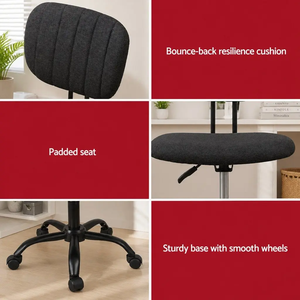 Armless Office Chair Ergonomic Black Fabric 360° Swivel Height Adjustable Metal Frame