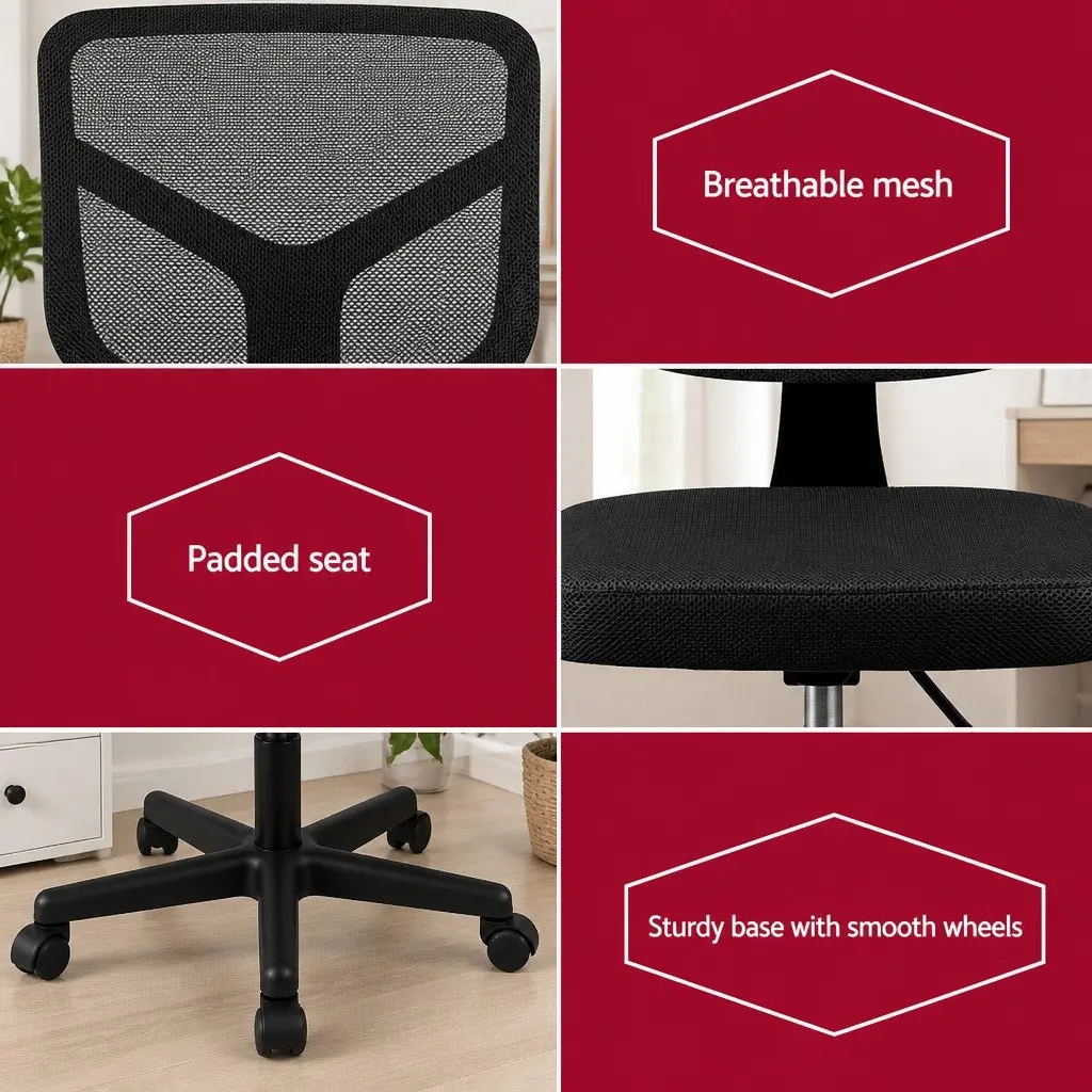Office Chair Armless 360° Swivel Height Adjustable Black Mesh Back