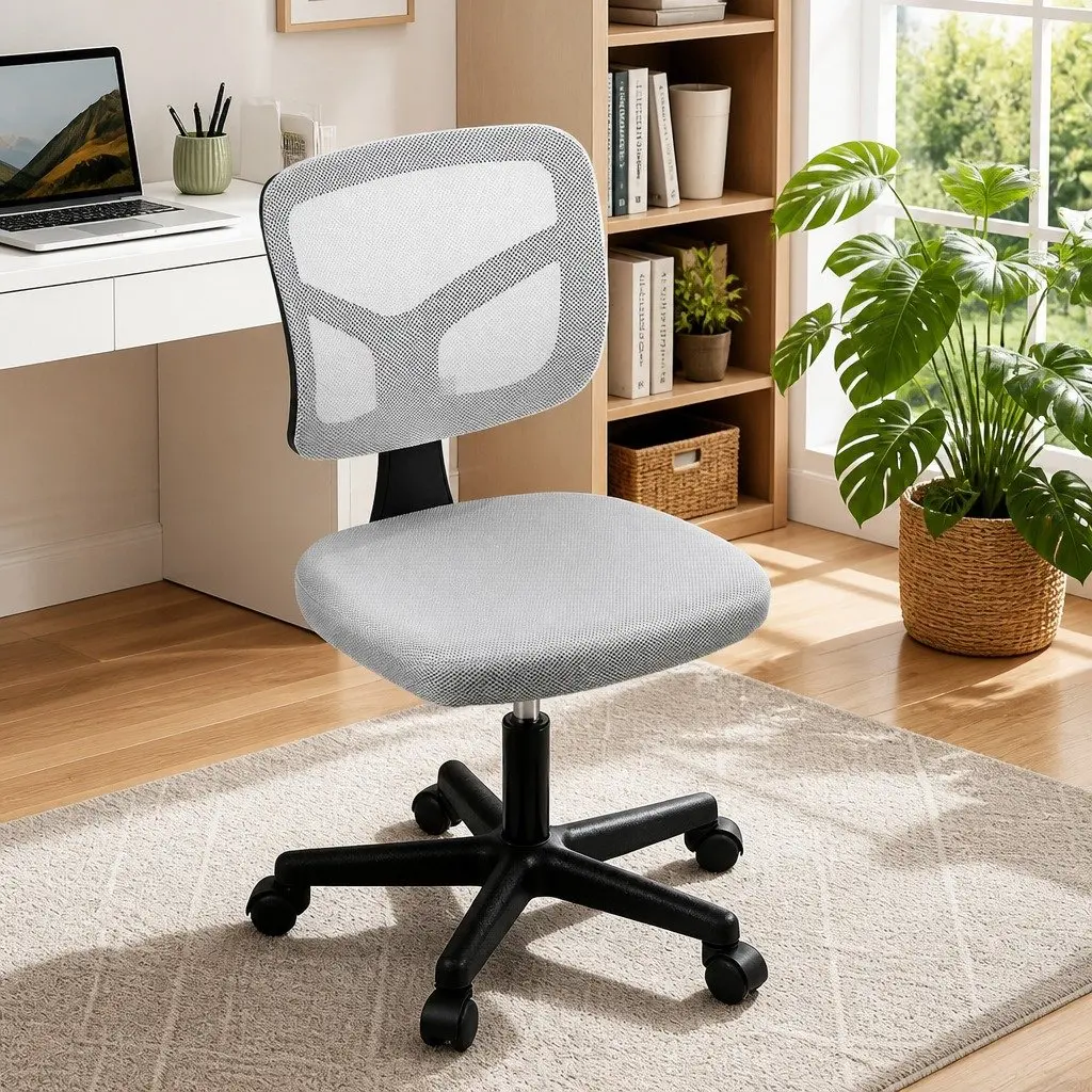 Armless Office Chair Grey Ergonomic Mesh Back 360° Swivel Adjustable Height