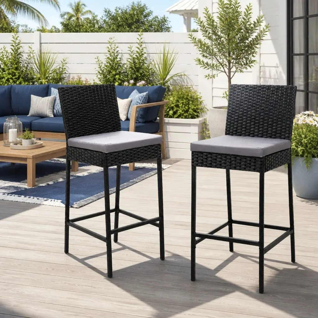 Hand-Woven Rattan Outdoor Bar Stools Set for Dining