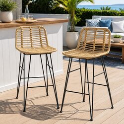 Hand-Woven Rattan Outdoor Bar Stools with Footrest