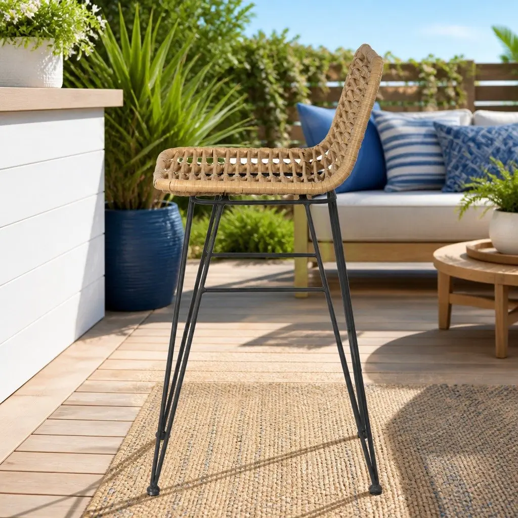 Outdoor Bar Stools Rattan Wicker Hand-woven 41cm W x 50cm D x 92cm H Metal