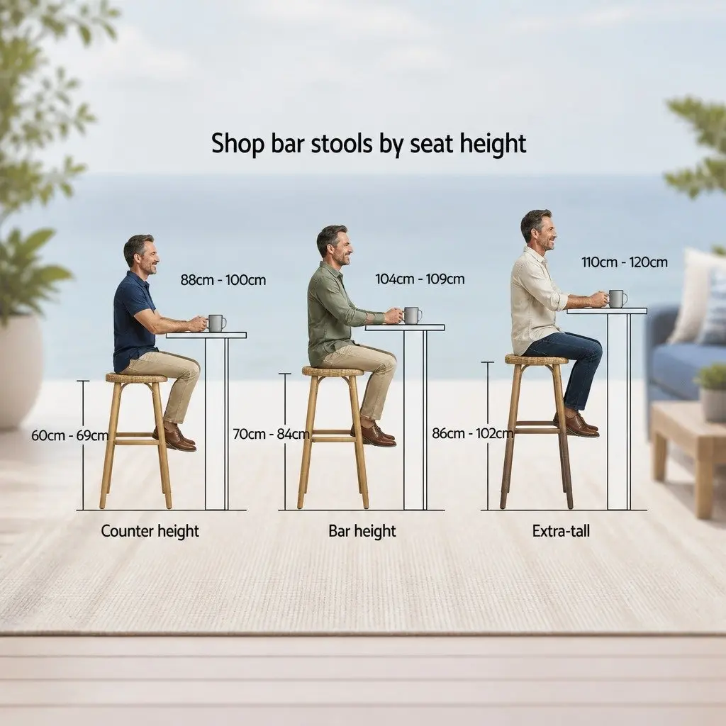 Outdoor Bar Stools Rattan Wicker Hand-woven 41cm W x 50cm D x 92cm H Metal