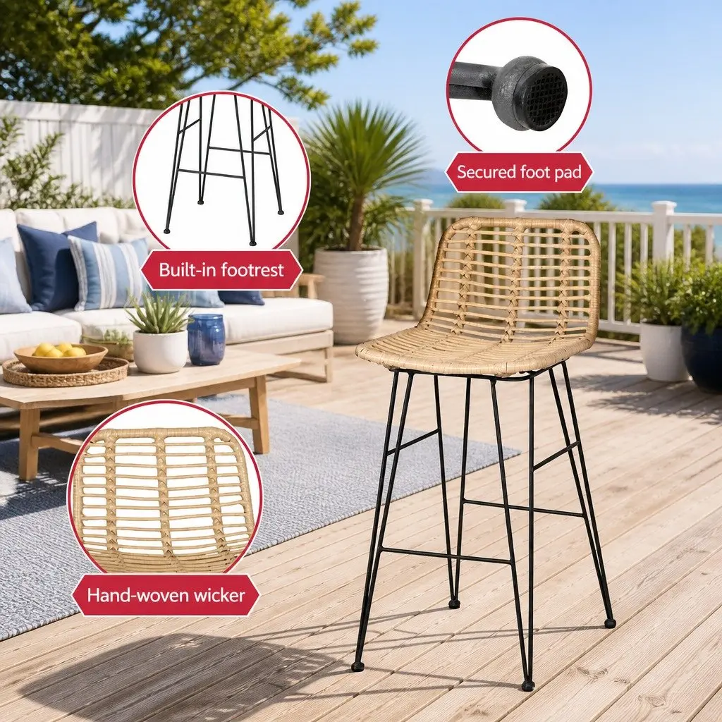 Outdoor Bar Stools Rattan Wicker Hand-woven 41cm W x 50cm D x 92cm H Metal