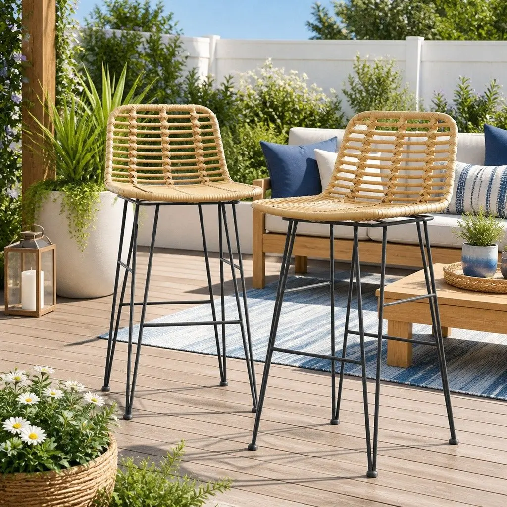 Outdoor Bar Stools Rattan Wicker Hand-woven 41cm W x 50cm D x 92cm H Metal