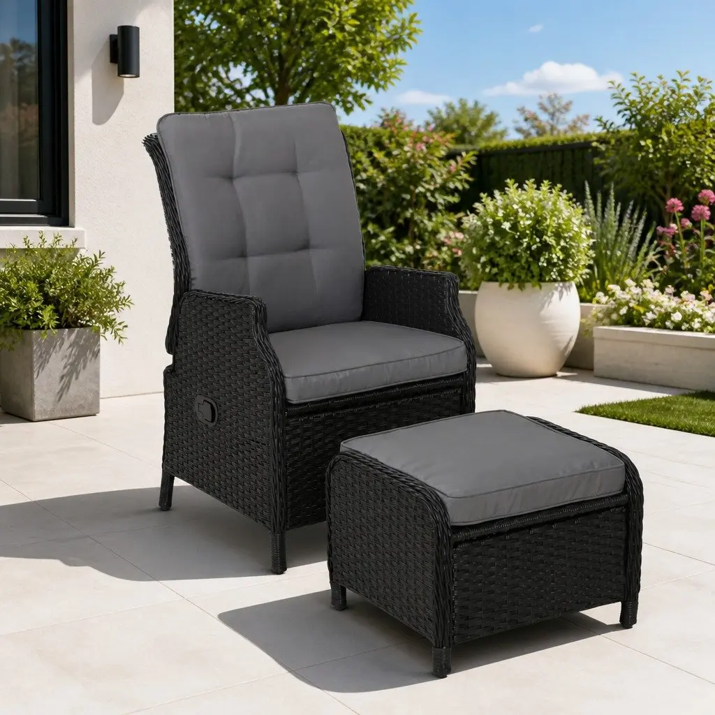 Recliner Chair Wicker Lounger Adjustable Outdoor Furniture Black 2 Piece Set