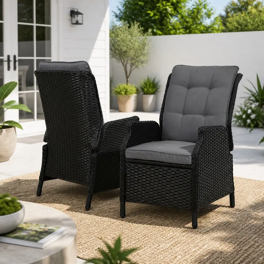 Recliner Chair Wicker Lounger Adjustable Outdoor Furniture Black 2 Piece Set