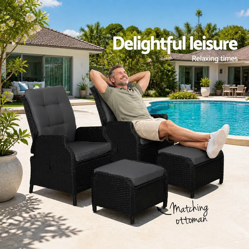 Recliner Chair Wicker Lounger Adjustable Outdoor Furniture Black 2 Piece Set