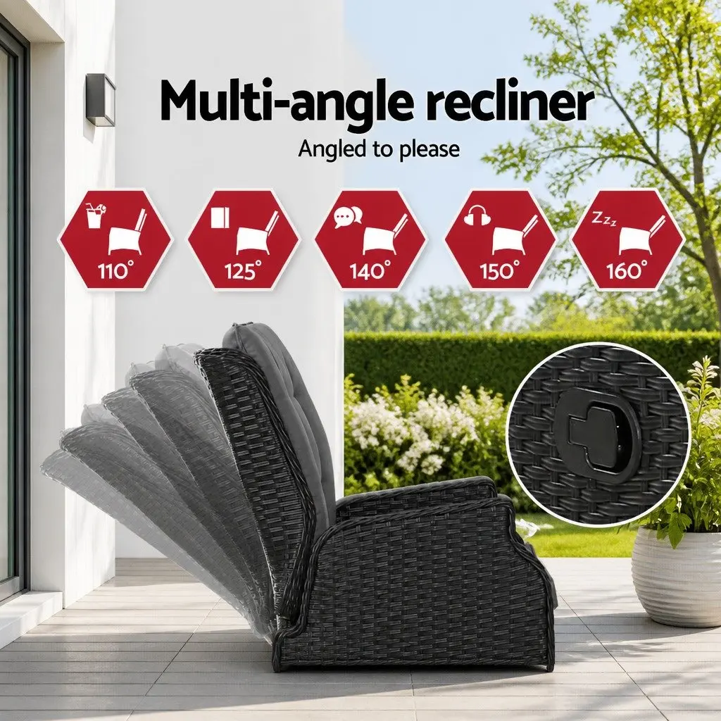 Recliner Chair Wicker Lounger Adjustable Outdoor Furniture Black 2 Piece Set