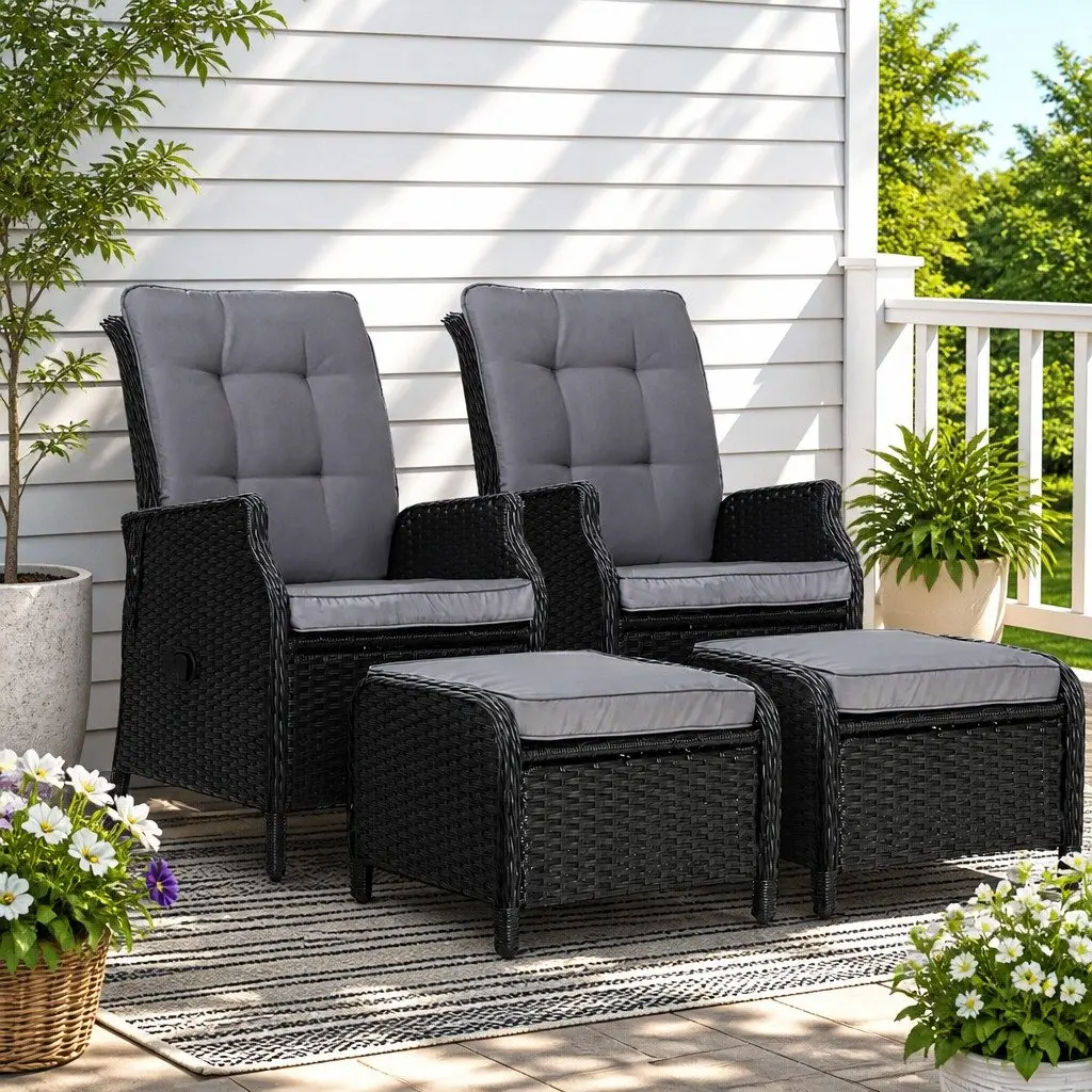 Recliner Chair Wicker Lounger Adjustable Outdoor Furniture Black 2 Piece Set