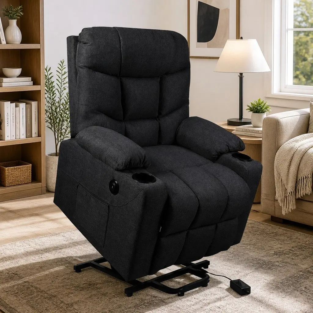 Electric Recliner Chair Wide Seat Microfibre Black Adjustable Backrest Lift Assist