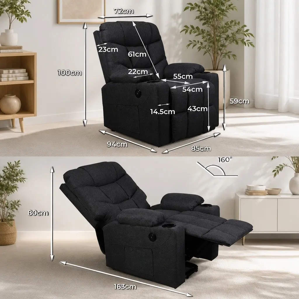 Electric Recliner Chair Wide Seat Microfibre Black Adjustable Backrest Lift Assist