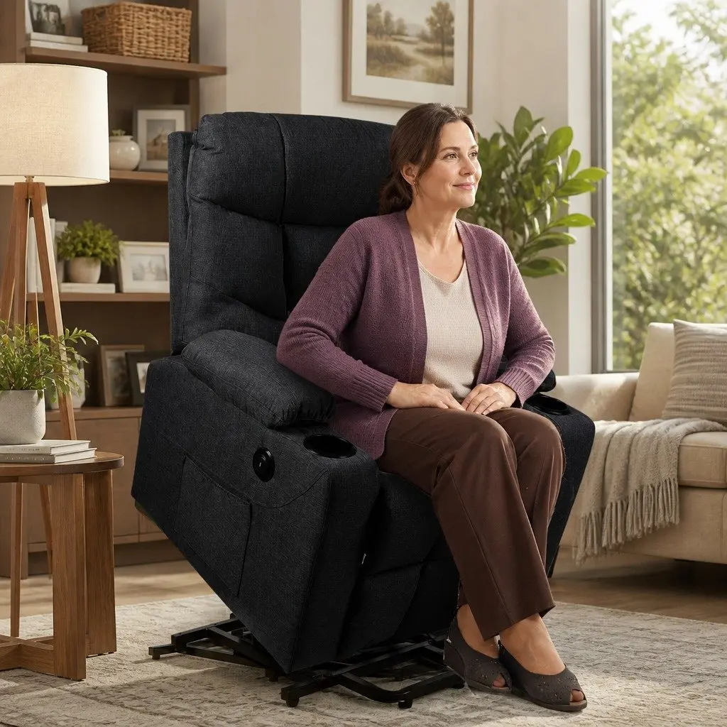 Electric Recliner Chair Wide Seat Microfibre Black Adjustable Backrest Lift Assist