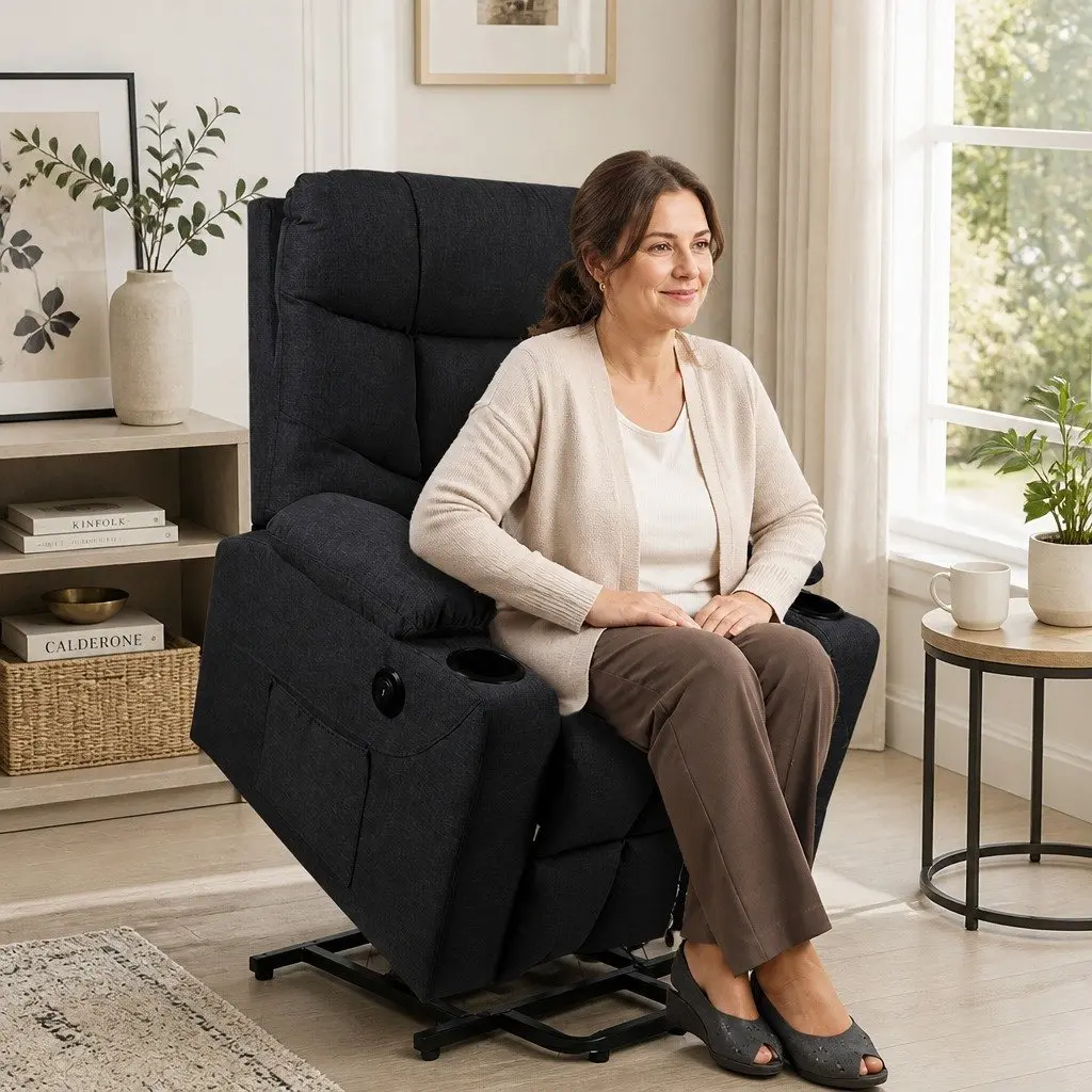 Electric Recliner Chair Wide Seat Microfibre Black Adjustable Backrest Lift Assist