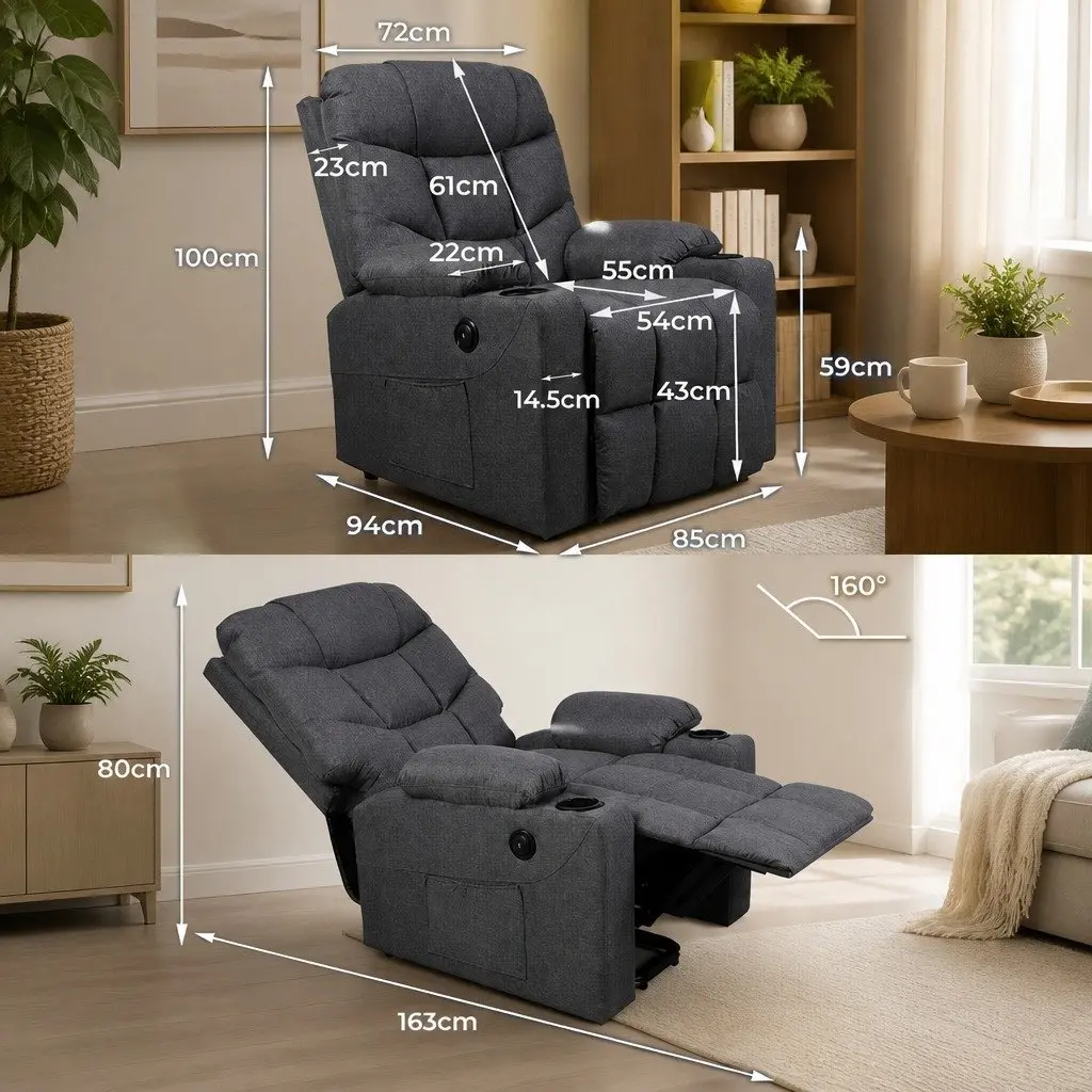 Recliner Lift Chair Adjustable Grey Microfibre Ergonomic Support for Elderly