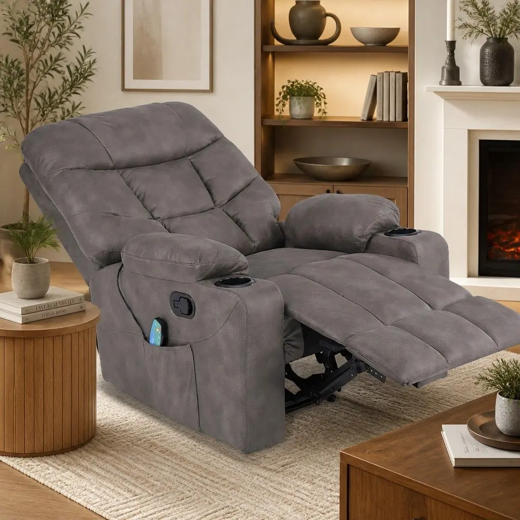 Electric Massage Recliner Chair Grey Leathaire 110 to 160 Degree Reclining 8 Point Heat Lumbar Support Foam Padding