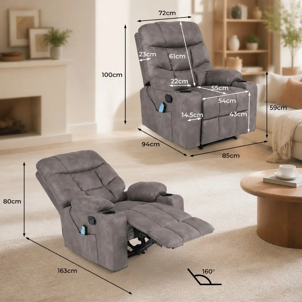 Electric Massage Recliner Chair Grey Leathaire 110 to 160 Degree Reclining 8 Point Heat Lumbar Support Foam Padding