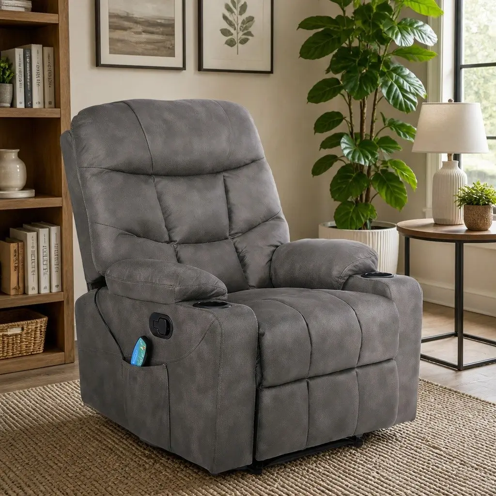 Electric Massage Recliner Chair Grey Leathaire 110 to 160 Degree Reclining 8 Point Heat Lumbar Support Foam Padding