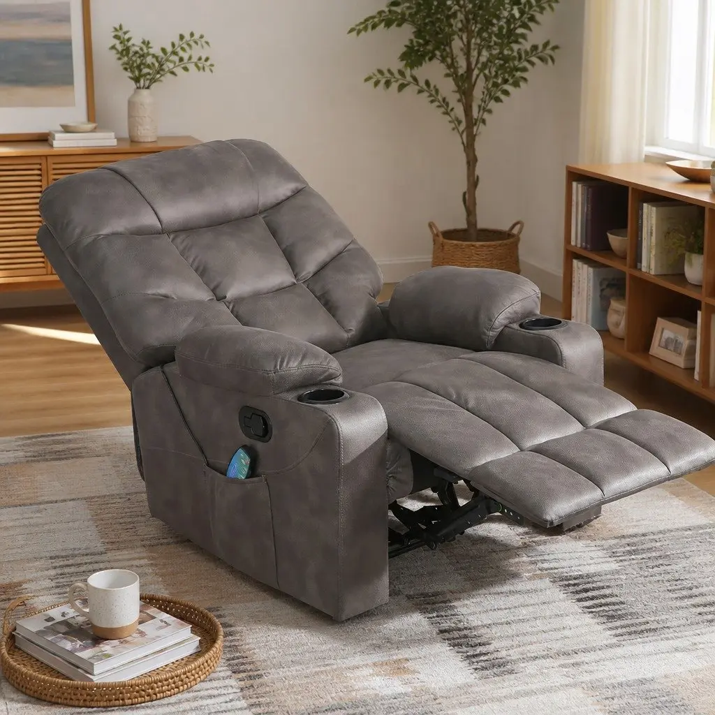 Electric Massage Recliner Chair Grey Leathaire 110 to 160 Degree Reclining 8 Point Heat Lumbar Support Foam Padding