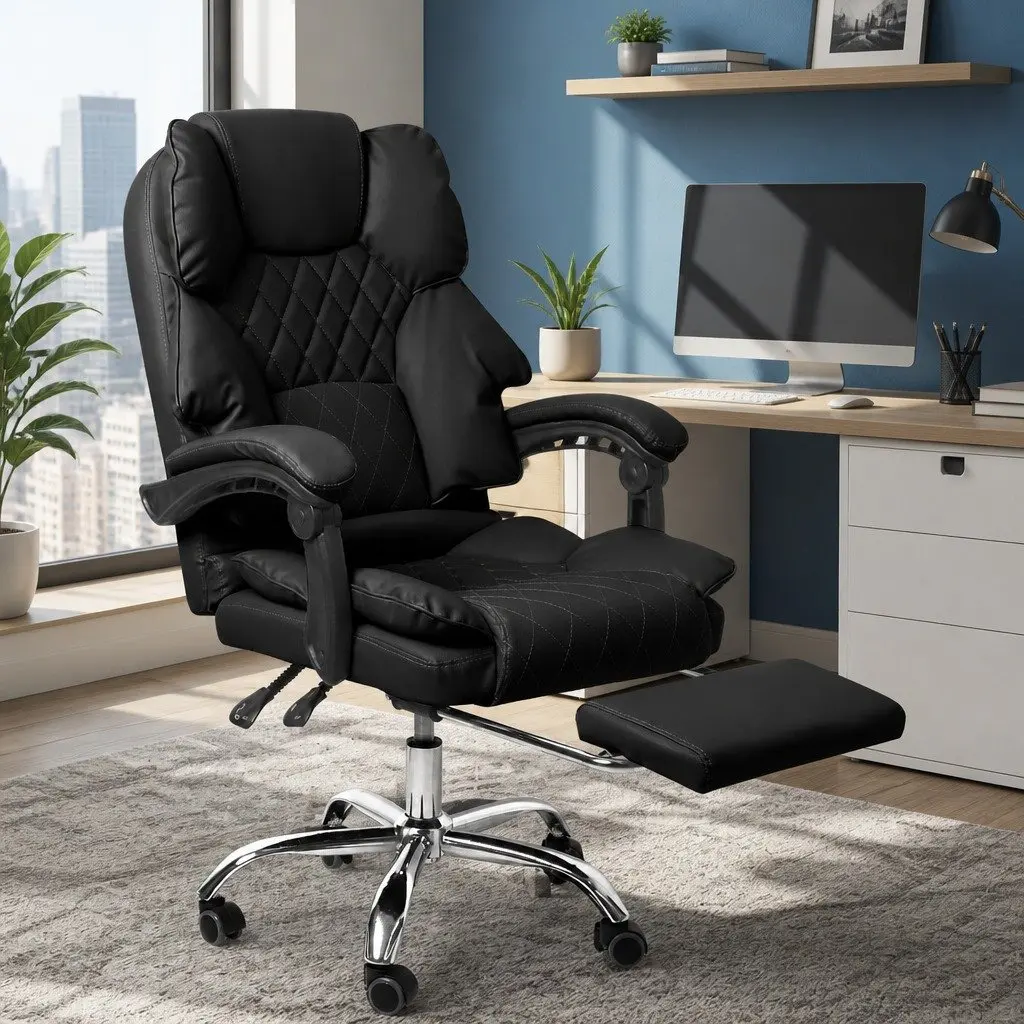 Gaming Office Chair Computer Seat Reclining Footrest Black Adjustable Height
