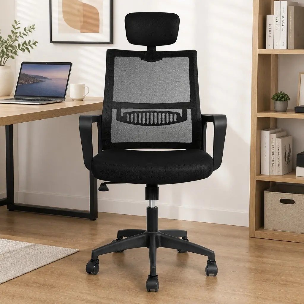 Mesh Office Chair Ergonomic Adjustable Height Lumbar Support Black Polyester Foam Wood Steel