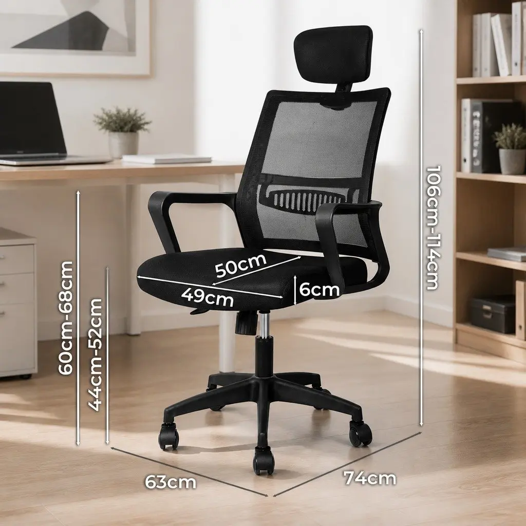 Mesh Office Chair Ergonomic Adjustable Height Lumbar Support Black Polyester Foam Wood Steel