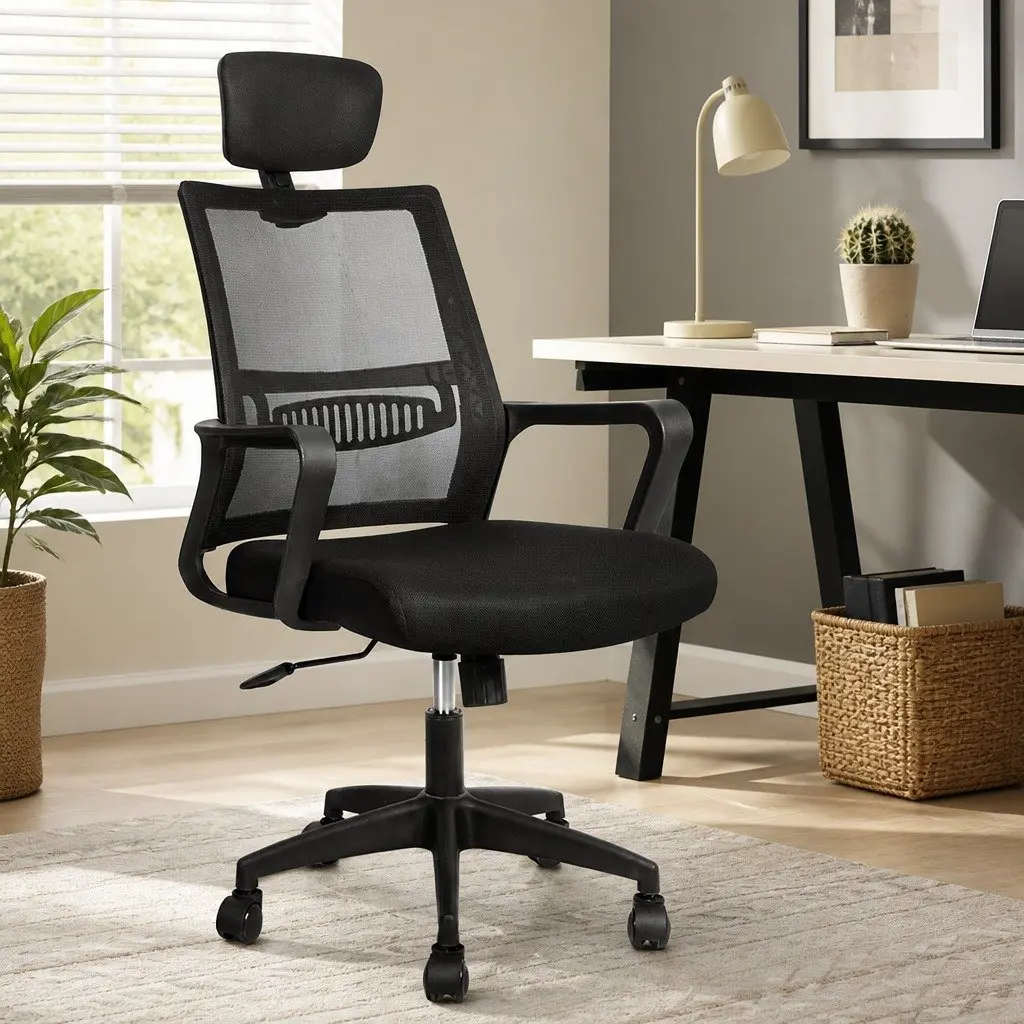 Mesh Office Chair Ergonomic Adjustable Height Lumbar Support Black Polyester Foam Wood Steel
