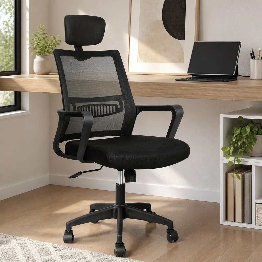 Mesh Office Chair Ergonomic Adjustable Height Lumbar Support Black Polyester Foam Wood Steel