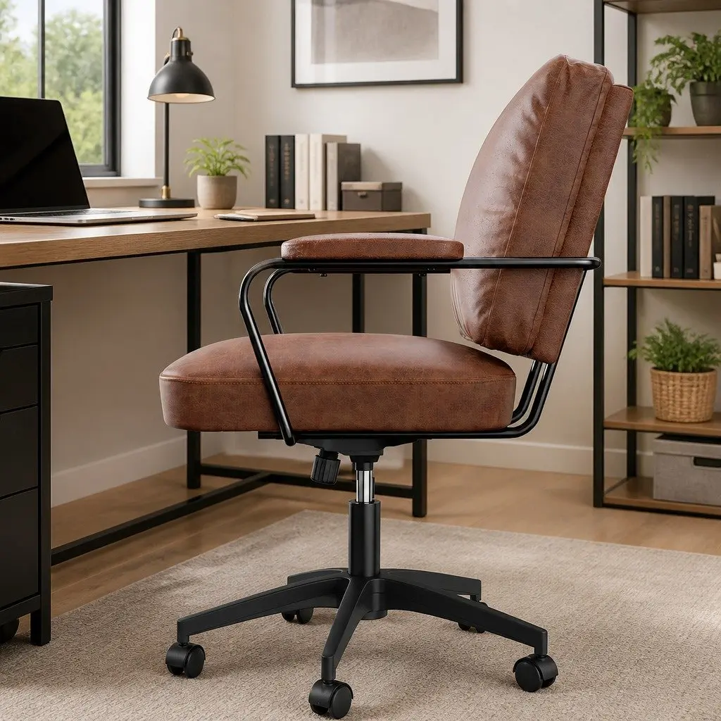 Office Arm Chair Swivel Height Adjustable Brown PU Leather Steel Frame