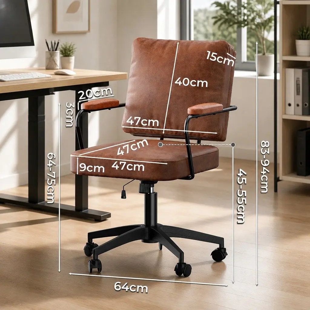 Office Arm Chair Swivel Height Adjustable Brown PU Leather Steel Frame