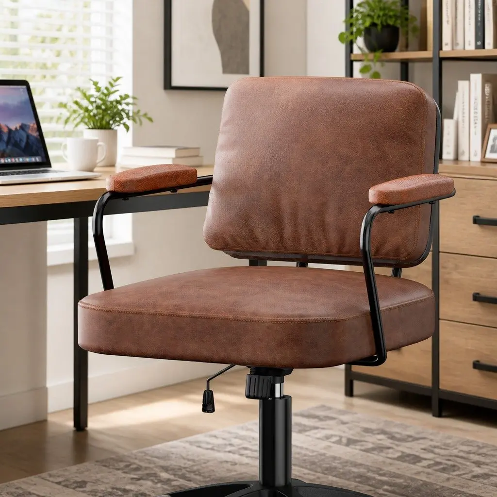 Office Arm Chair Swivel Height Adjustable Brown PU Leather Steel Frame