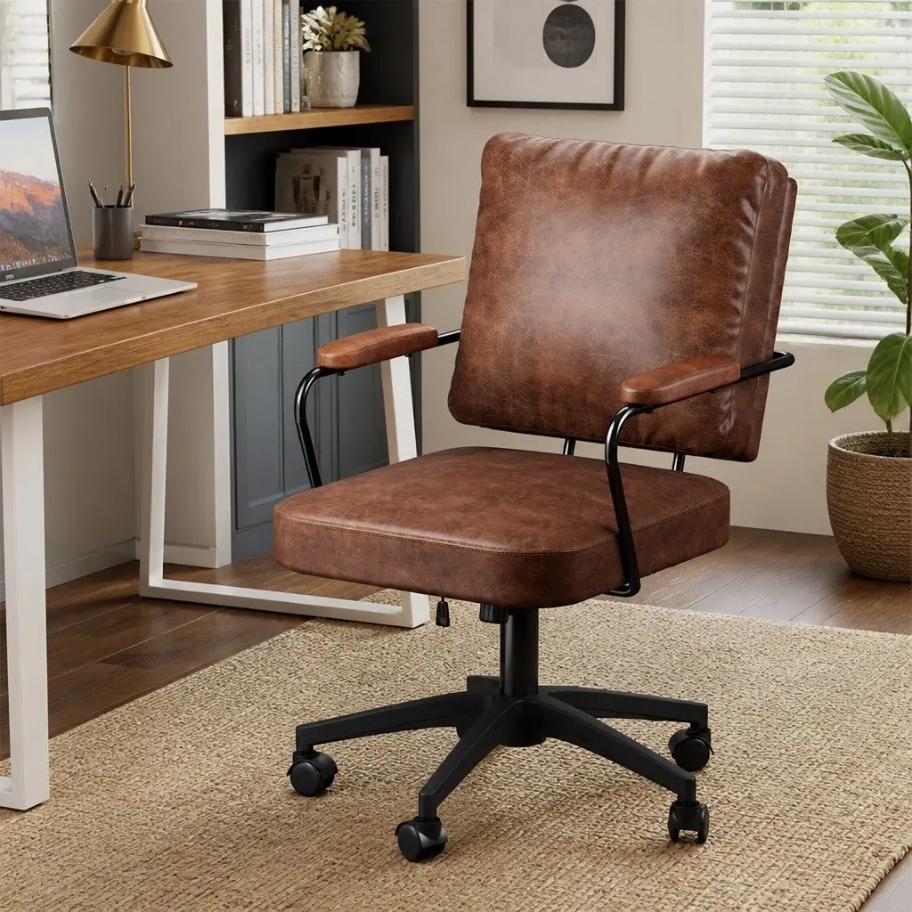 Office Arm Chair Swivel Height Adjustable Brown PU Leather Steel Frame