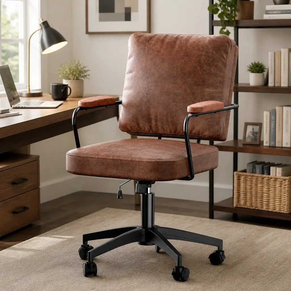 Office Arm Chair Swivel Height Adjustable Brown PU Leather Steel Frame