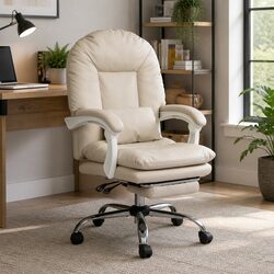 Beige High Back Reclining Office Chair with Footrest