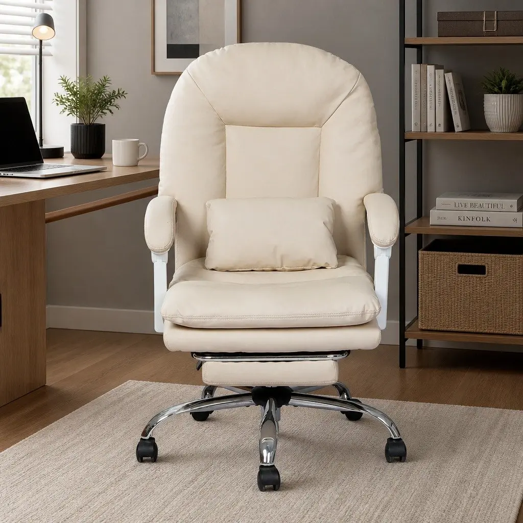 Beige High Back Reclining Office Chair with Footrest