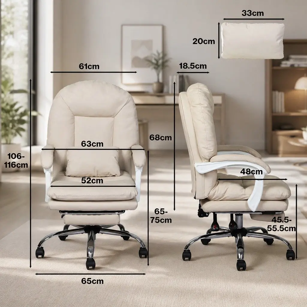 Beige High Back Reclining Office Chair with Footrest