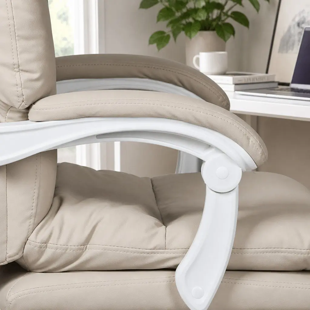 Beige High Back Reclining Office Chair with Footrest