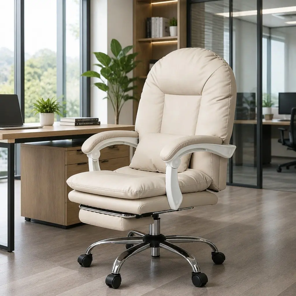 Beige High Back Reclining Office Chair with Footrest