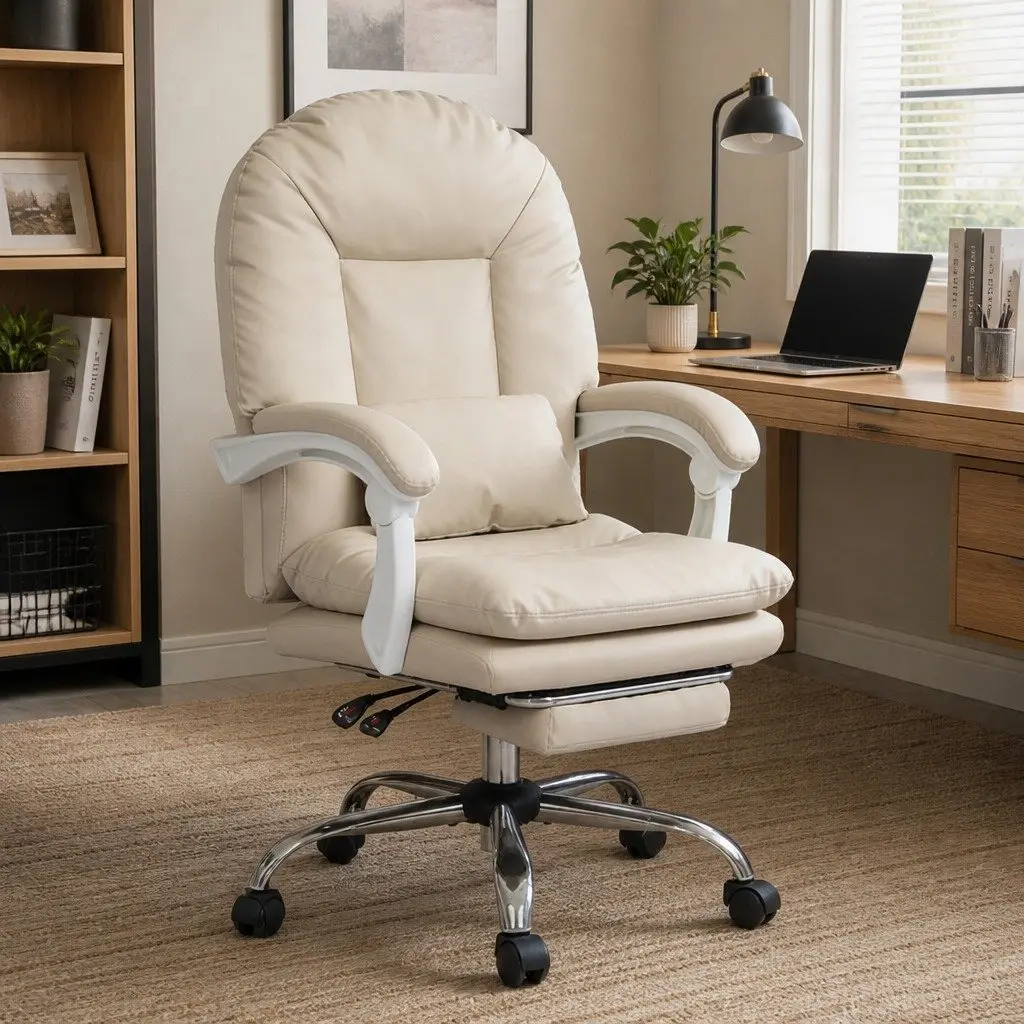Beige High Back Reclining Office Chair with Footrest