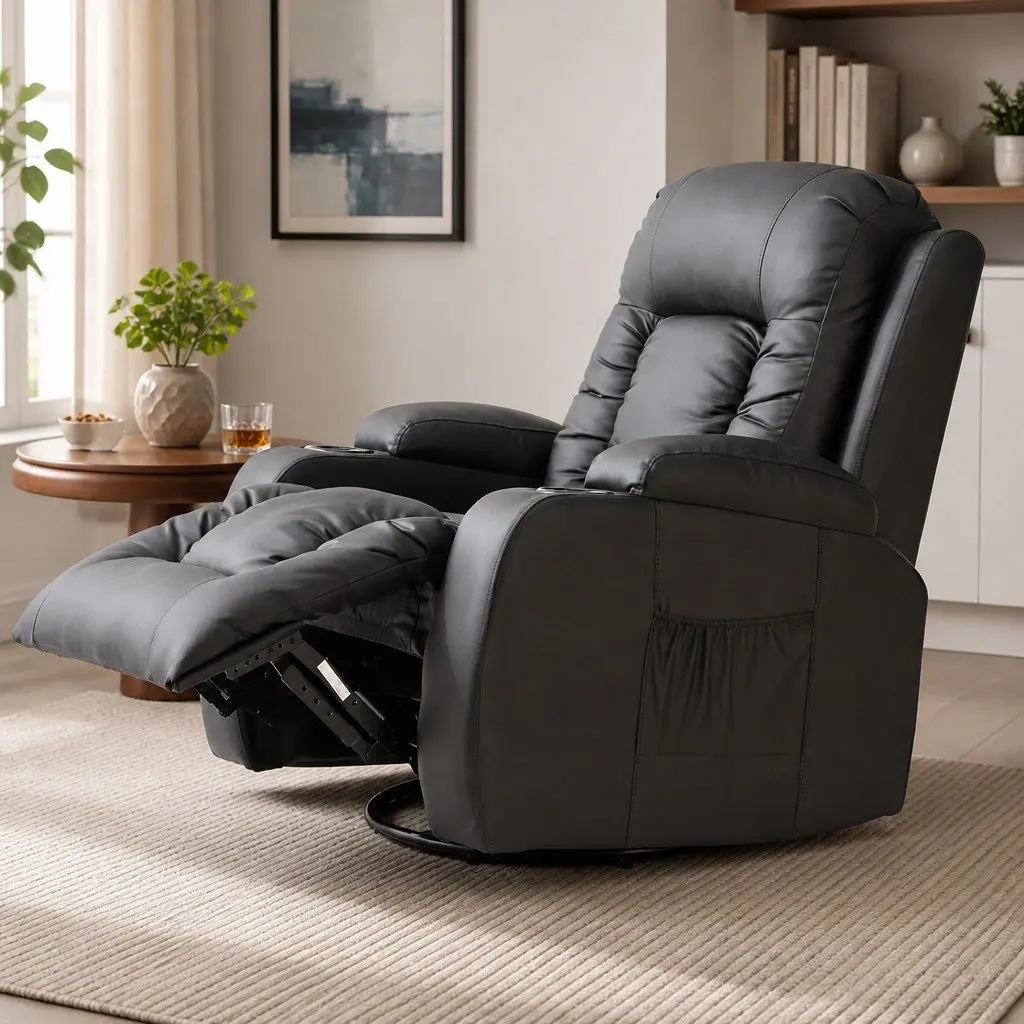 Massage Recliner Chair Heated Lumbar 360 Swivel Adjustable Faux PU Leather Black