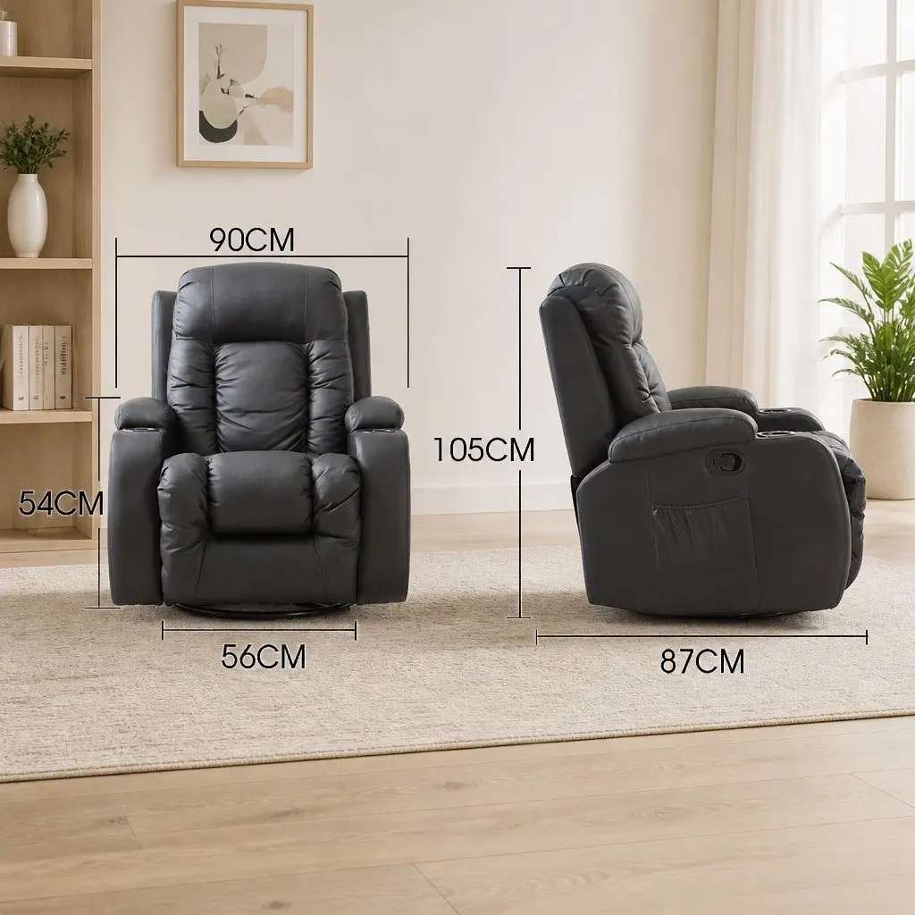 Massage Recliner Chair Heated Lumbar 360 Swivel Adjustable Faux PU Leather Black
