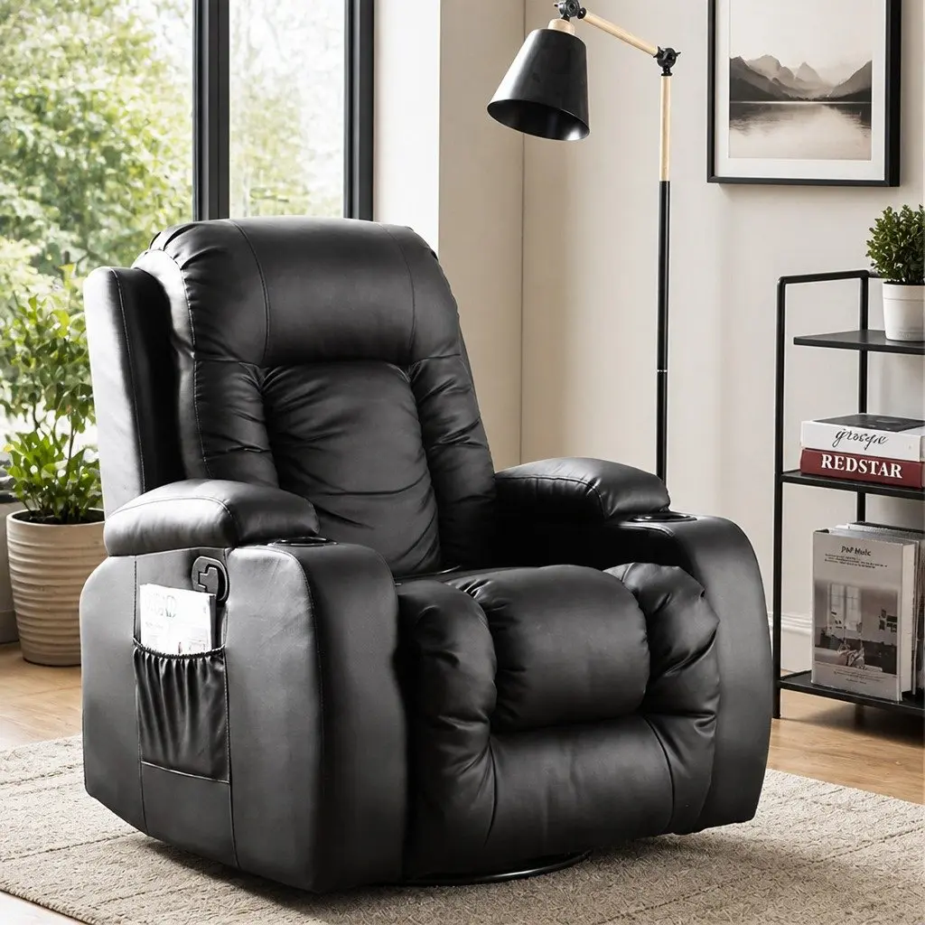 Massage Recliner Chair Heated Lumbar 360 Swivel Adjustable Faux PU Leather Black