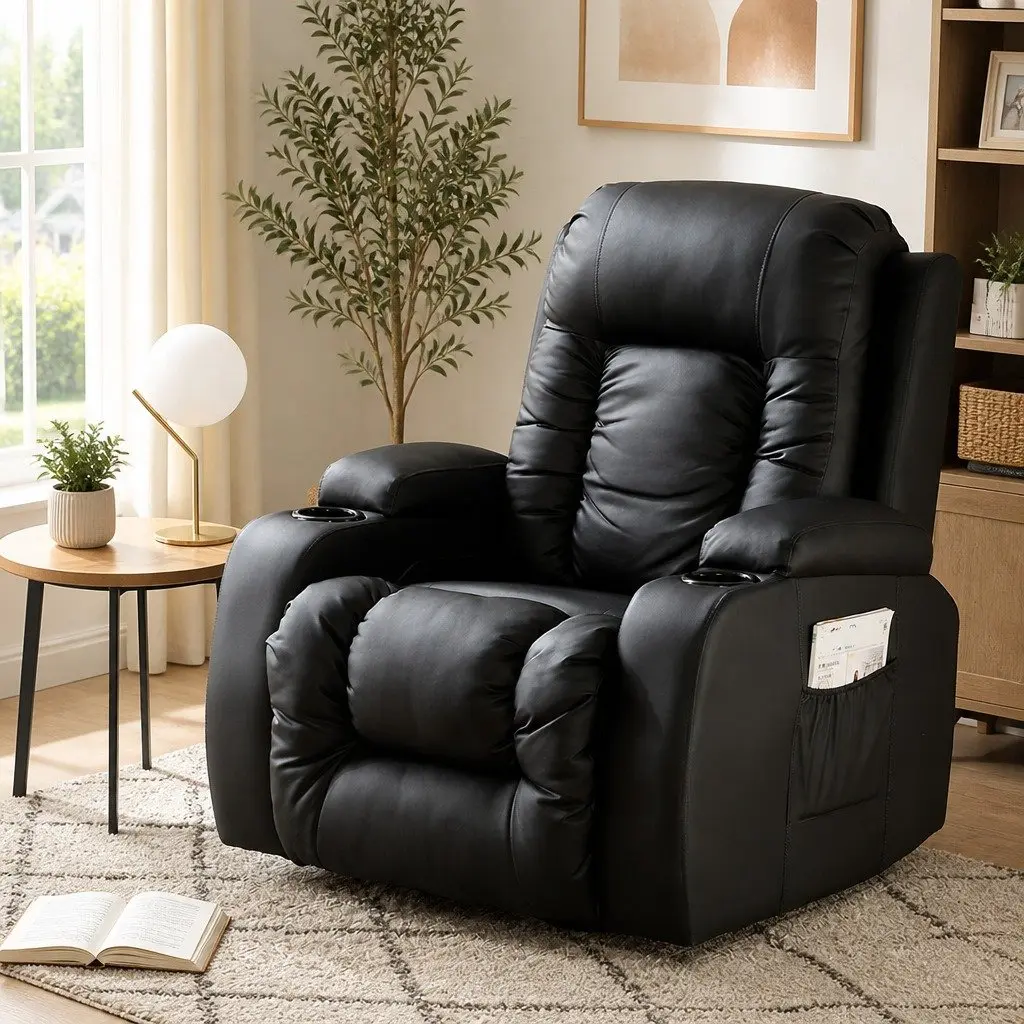Massage Recliner Chair Heated Lumbar 360 Swivel Adjustable Faux PU Leather Black