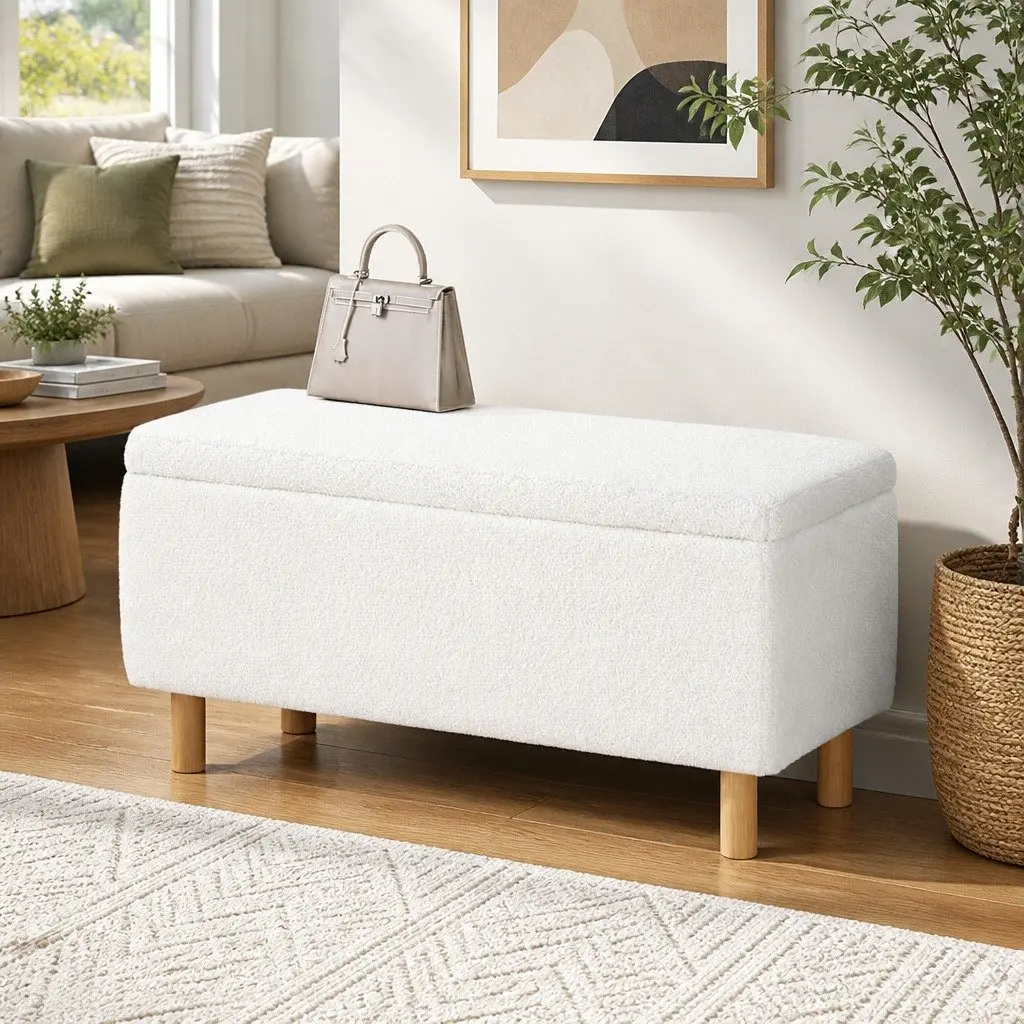 Upholstered Storage Ottoman 99cm in White Boucle Fabric