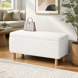 Upholstered Storage Ottoman 99cm in White Boucle Fabric